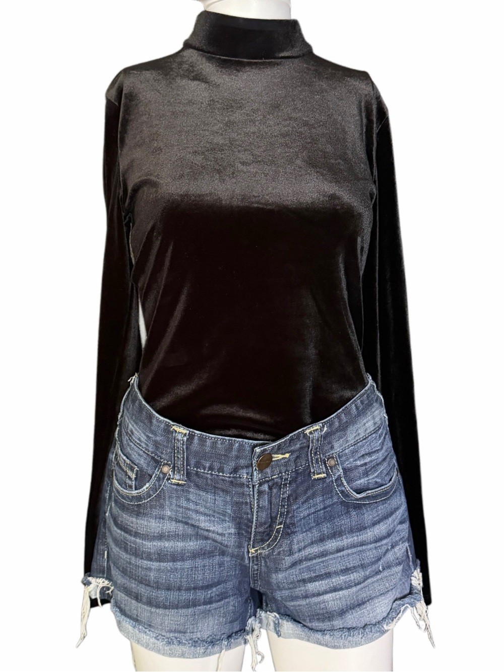 H&M Black Velvet Mock Neck Bodysuit Long Sleeve Stretch Velour Women’s Medium